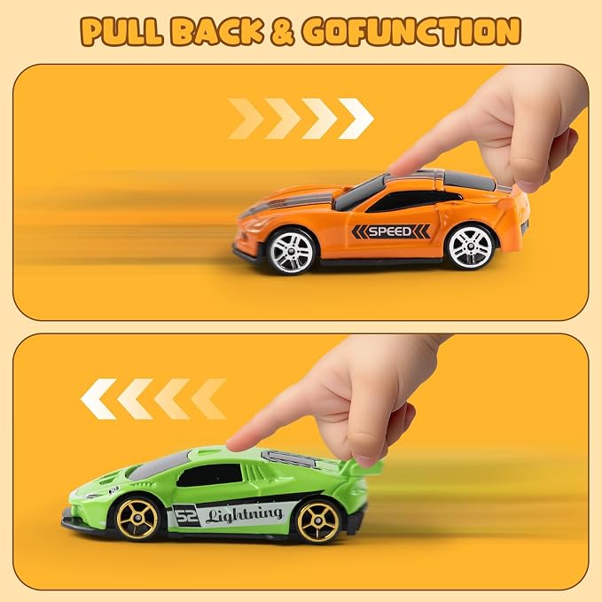 Die Cast Pull Back Toy Cars, 4 Pack 1:64 Mini Cars with (Middle) | 4 pull-back die-cast mini cars with a portable storage case for racing, collecting, sharing, and travel play.