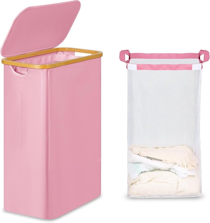 efluky Slim Laundry Basket with Lid, Narrow Laundry Hamper with Removable Bag, Skinny Dirty Clothes Basket with Bamboo Handles for Bathroom, Bedroom & Laundry Room, 65L Pink
