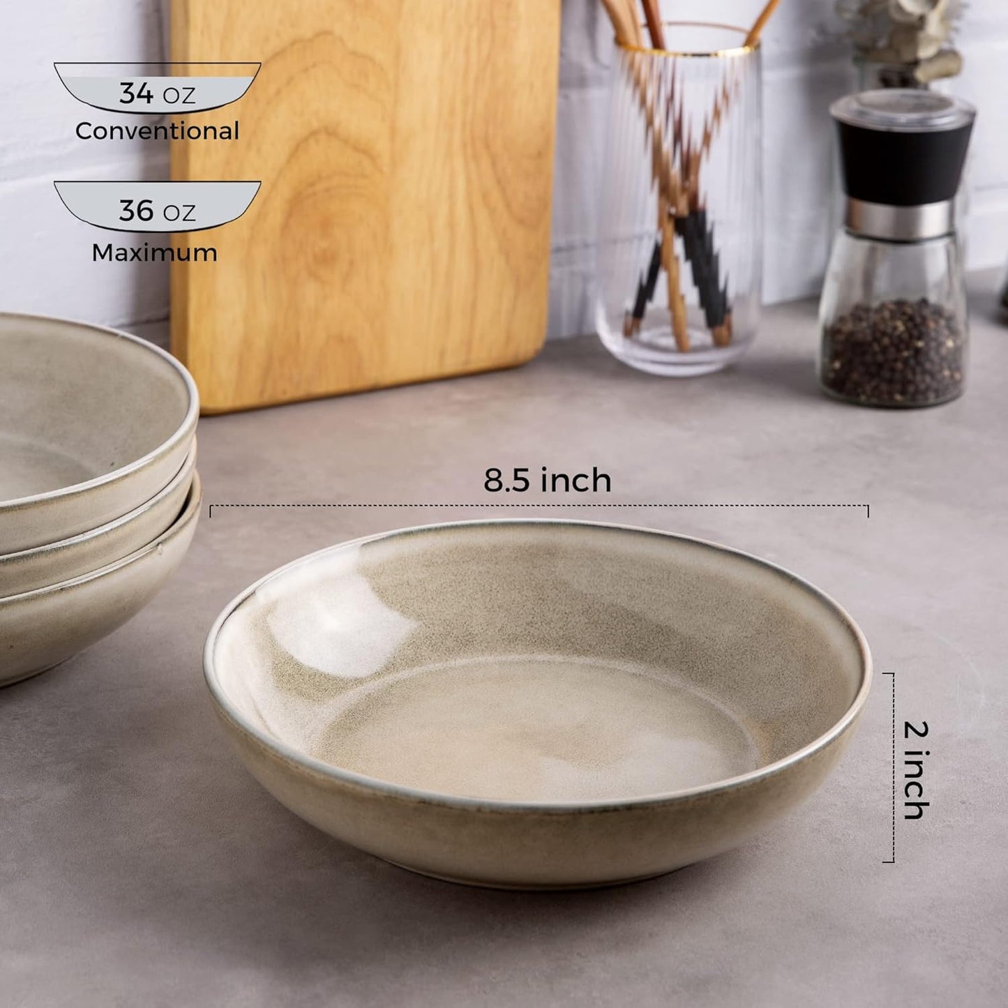 AmorArc 8.5'' Large Pasta Bowls, 36oz Ceramic Salad Serving Bowls Set of 6 for Kitchen, Wide Stoneware Bowls for Pasta,Salad,Fruit,Bread, Microwave Safe, Cappuccino