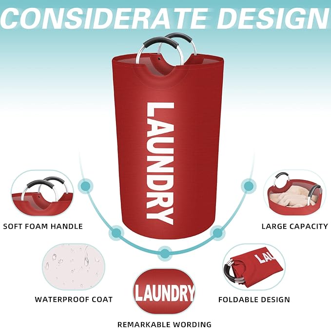 StorageRight 90L Large Laundry Basket, Laundry Hamper, Dirty Clothes Hamper for Laundry, Collapsible, Waterproof Laundry Baskets with Foam Protected Aluminum Handles for Laundry, Dorm, Family (Red)