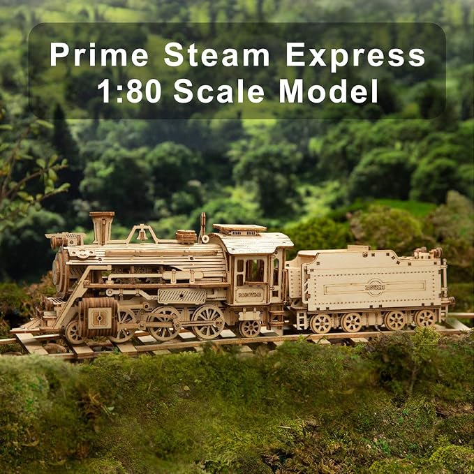 ROKR 3D Wooden Puzzle for Adults-Mechanical Train Model Kits-Brain Teaser Puzzles-Vehicle Building Kits-Unique Gift for Teens on Birthday/Christmas Day(1:80 Scale)(MC501-Prime Steam Express)