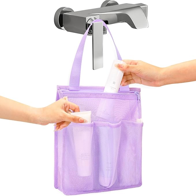 Portable Mesh Shower Caddy, Gym Travel Camp Dorm Room Essentials for College Student Girl, Purple Bathroom Shower Bag