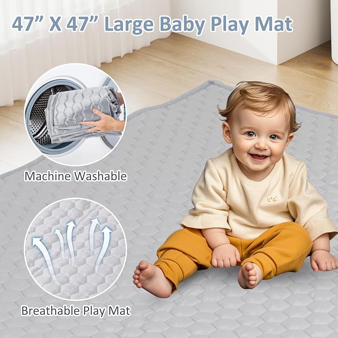 INFANS Foldable Baby Playpen with Mat, 50” x 50” Large Baby Play Yard for Infant with 50 Ocean Balls, 4 Handlers, Carry Bag, Indoor Outdoor Fence Toddler Activity Center (Gray, 50” x 50”)
