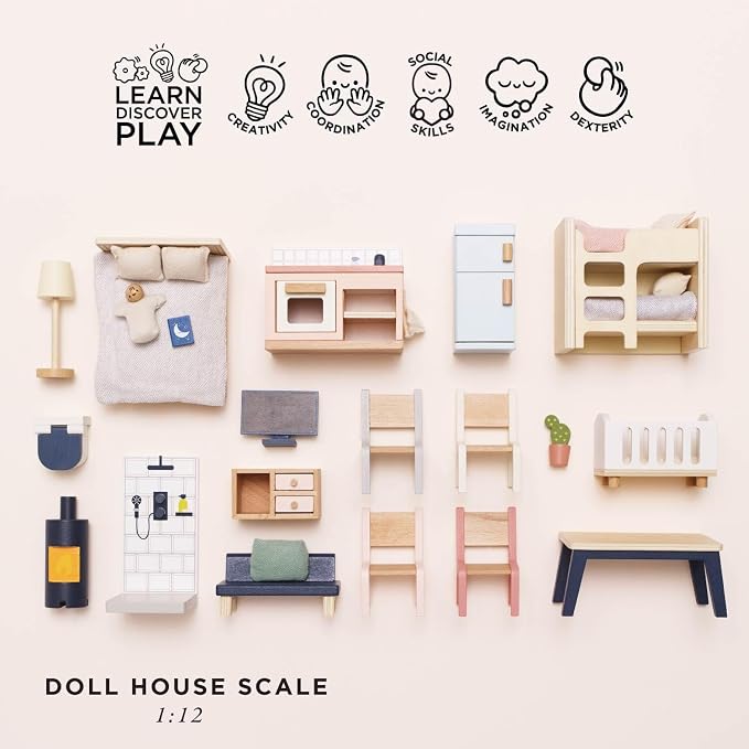 Le Toy Van - Wooden Dolls House Full Starter Furniture & Accessories Play Set for Dolls Houses | Girls or Boys Dolls House Furniture Sets - Suitable for Ages 3+