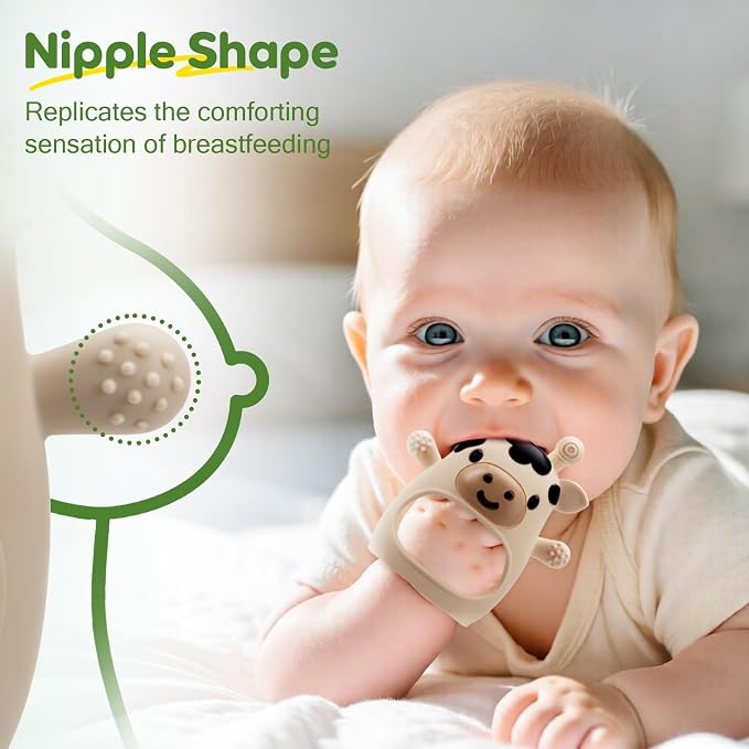 TOHIBEE 2 Packs Baby Teething Toys for 0-6 6-12 Months, Food Grade Silicone Adjustable Cow Teething Mitten, Chew Teether Toys for Teething Pain Relief, Baby and New Born Essentials, Green & Beige
