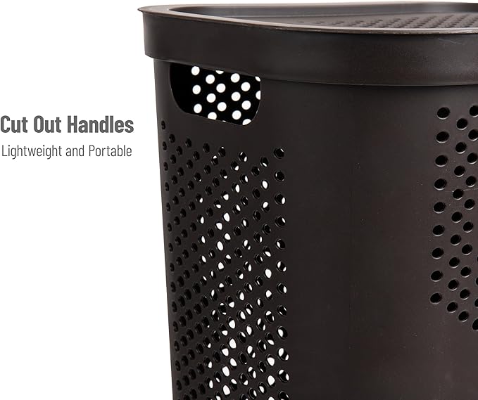 Mind Reader Slim Laundry Hamper with Lid, 60L Clothes Basket, Ventilated Plastic, Brown