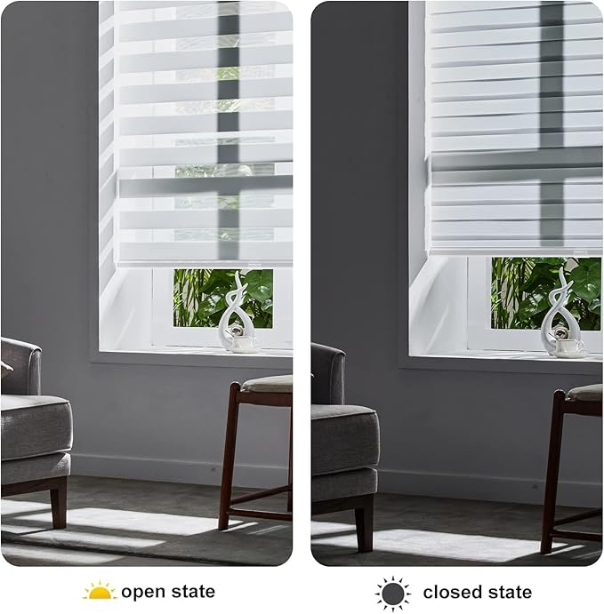 Persilux Cordless Zebra Blinds for Windows Free-Stop Roller Shades for Windows (49" W x 72" H, White) Dual Layer Window Treatments Room Darkening Roller Blinds for Home, Office and Kitchen