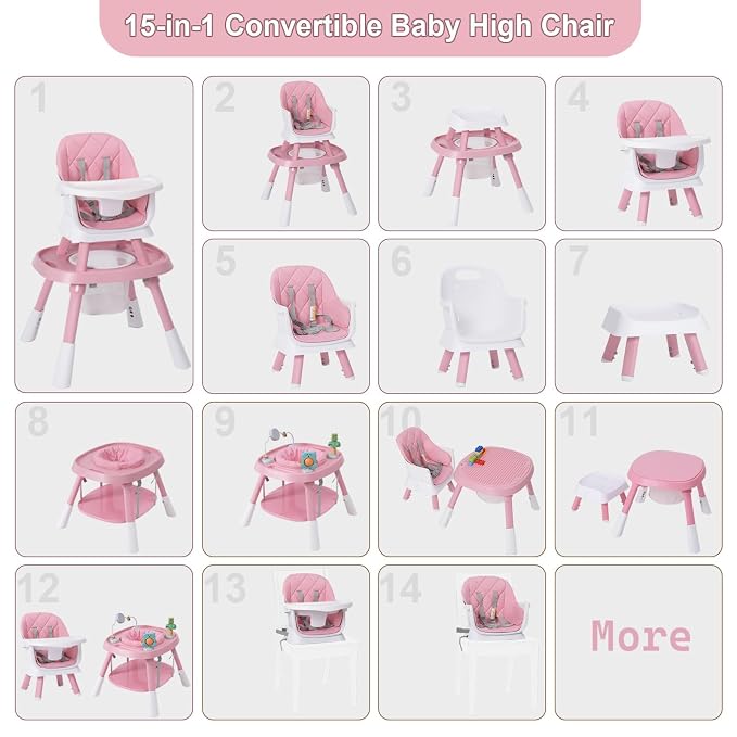 Babyliebe 15-in-1 Baby High Chair, Convertible Highchair for Babies and Toddlers with Activity Center, Booster Seat, Building Block Table, Toddler Chair with Safety Harness, Removable Tray (Pink)