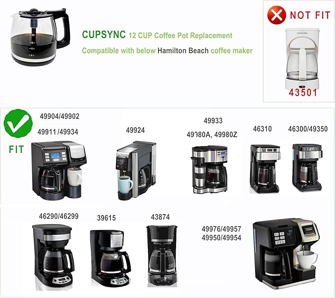 12-Cup Replacement Coffee Carafe Compatible with Hamilton Beach Coffee maker Pot & All Flex Brew Coffee Maker, Not Compatible Procter Silex series
