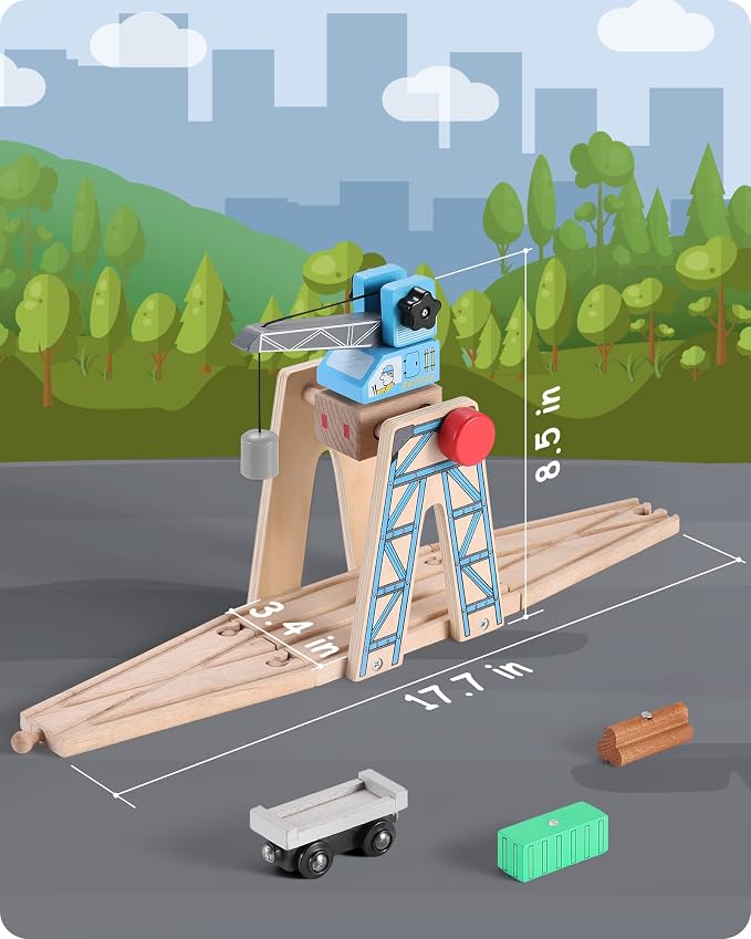 SainSmart Jr. Wooden Train Set Accessories, Magnetic Rotary Crane Set, Compatible with Brio, Thomas, Melissa and Doug