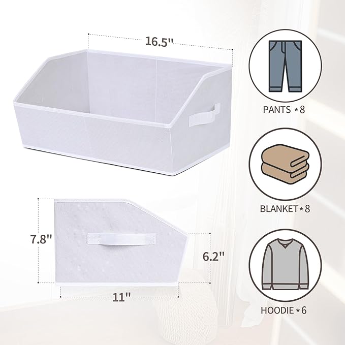 Closet Baskets for Shelves - Decorative Storage Baskets with Handle, Trapezoid Closet Bins for Organization, Shelf Storage Bins for Clothes, Books, Home, Office, 8 Pack, White