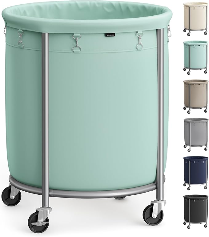 SONGMICS 50.2-Gallon (190 L) Laundry Basket with Wheels, Rolling Round Heavy-Duty Laundry Hamper Cart with Steel Frame and Removable Bag, 2 Locking Wheels, Mint Green and Metallic Silver URLS001C01