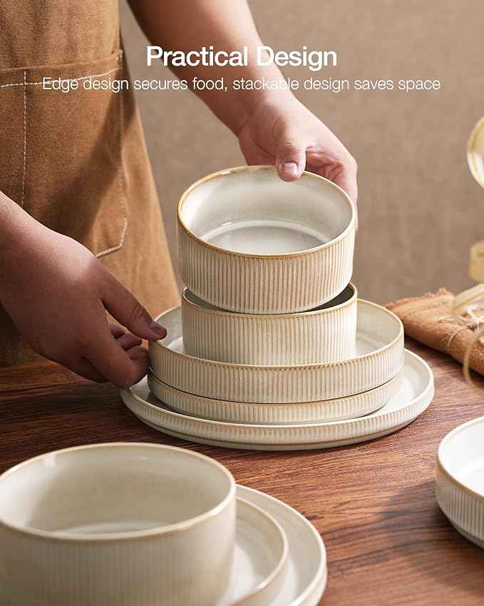Famiware Star Dinnerware Set with Mugs, Service for 6 (24 Pieces), Ribbed Stoneware Plates and Bowls Dishes Sets - Chip & Scratch Resistant, Microwave & Dishwasher Safe, Cappuccino White