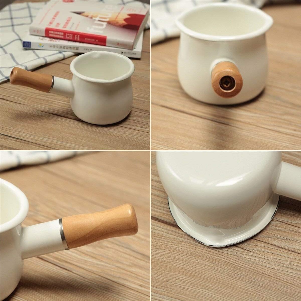 Enamel Milk Pot, Small Saucepan Milk Pot Butter Warmer 4 Inch 17 Oz Enamel Small Sauce Pan with Wooden Handle, Perfect Size for Heating Smaller Liquid Portions. (White）