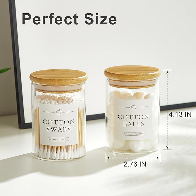 4 Pack Qtip Holder Dispenser - Glass Apothecary Jars with Lids, Cotton Ball Pad Swab Round Holder, Bamboo Bathroom Accessories, Bathroom Organizers Containers Jars Canisters with Lids