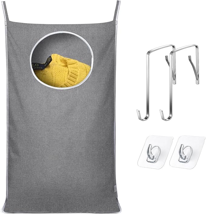 KEEPJOY Hanging Laundry Hamper Bag with 2 Different Types of Hooks, Size 20 x 30 Inch Door Laundry Hamper Storage Bag for Dirty Clothes, Blankets, and Toys (Grey, 1-Pack)