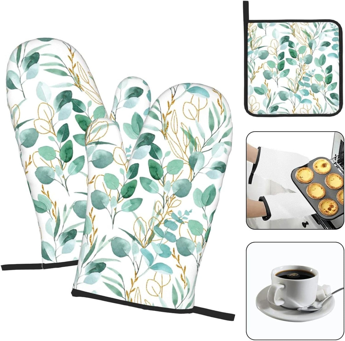 Sage Green Leaves Oven Mitts and Pot Holders Sets Heat Resistant for Kitchen BBQ Microwave Baking Grilling Cooking Set of 3 Cute Botanical Kitchen Oven Glove