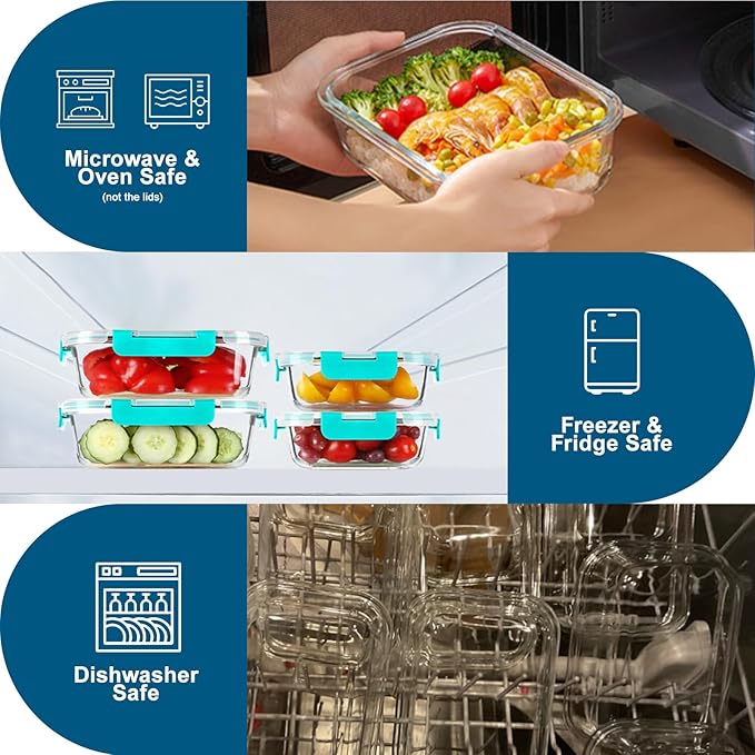 BAYZZ 10 Pack Glass Meal Prep Containers, Glass Food Storage Containers with Lids, Airtight Lunch Box, Freezer,Oven,Microwave and Dishwasher Safe,Green