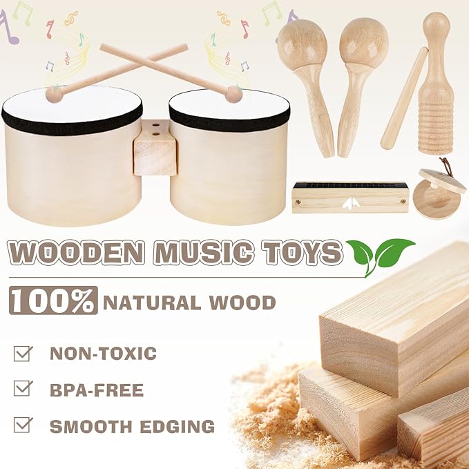 Vanplay Kids Drum Set - Toys for 2 3 Year Old Boy Gifts, Musical Instruments for Toddler 2-4, Birthday Gifts for 3 4 Year Old Girls, Wooden Montessori with Bongo Drum for Kids Age 2 3 4 5 6
