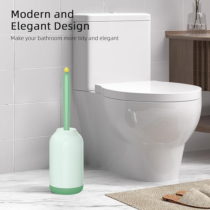 HAMITOR Toilet Bowl Brush Holder Set: Bathroom Deep Cleaning Toilet Cleaner Scrubber Under Rim with Curved Bristle for Dead Corner Clean - Hidden Rv Toilet Decorative Accessories with Caddy- Green