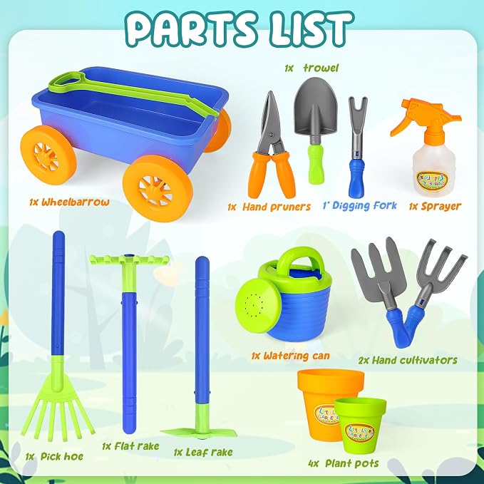 deAO Kids Garden Wagon Wheelbarrow and Gardening Tools Play Set Includes 10 Accessories and 4 Plant Pots,Great Outdoor Toddler Toys Kids Gardening Set