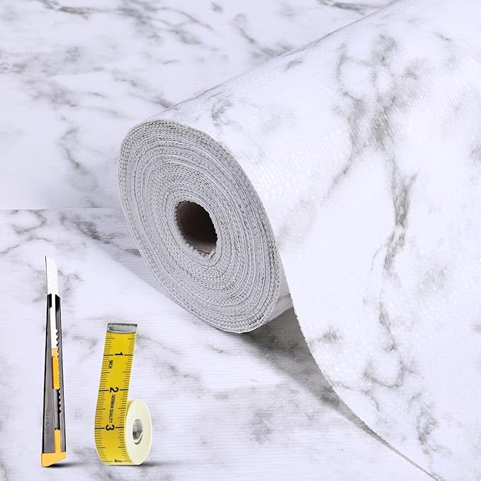 2-Layer Drawer and Shelf Liner for Kitchen Cabinet: 35.4 in X 19.69 Ft Non Slip Waterproof Shelf Paper Non Adhesive Refrigerator Liners White Marble Easy Liners for Bathroom with Knife Tape Measure