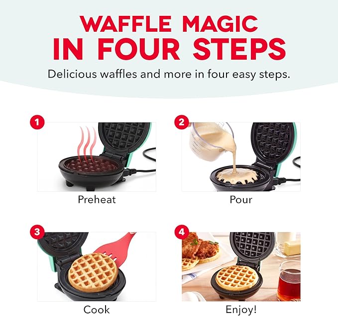 Dash Mini Waffle Maker- Compact Electric Iron for Creative Homemade Treats - PTFE nonstick surface - Easy-to-Clean - Perfect for Kids & Families - Black