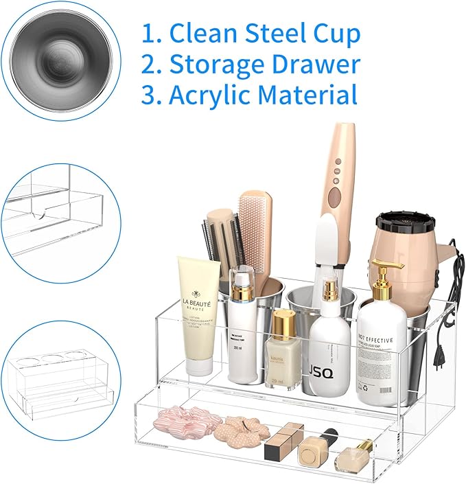NIUBEE Hair Tool Organizer, Clear Acrylic Hair Dryer and Styling Organizer with Drawer, Bathroom Countertop Blow Dryer Holder, Vanity Caddy Storage Stand for Accessories, Makeup, Toiletries