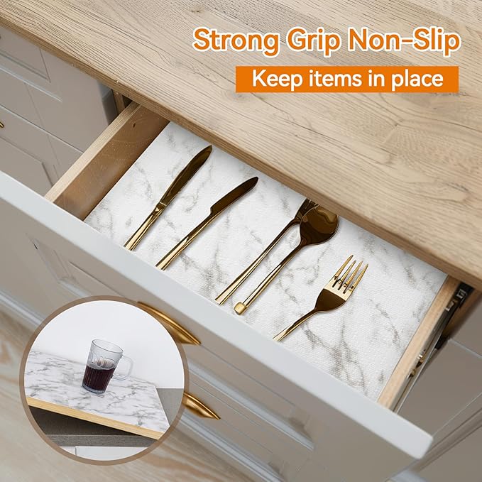Shelf Liner Drawer Liner for Kitchen Cabinet Non-Adhesive, Strong Grip Anti Slip Cabinet Liners for Shelves, Durable Waterproof Cupboard Liner, Marble, 17 in x 10 Feet