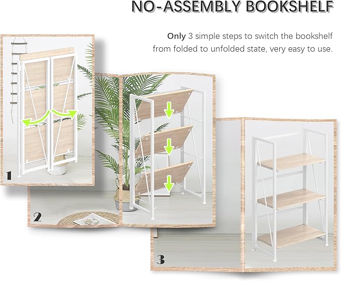 4NM No Assembly Folding Bookshelf Storage Shelves 3 Tiers Vintage Bookcase Standing Racks Study Organizer Home Office (Natural White)