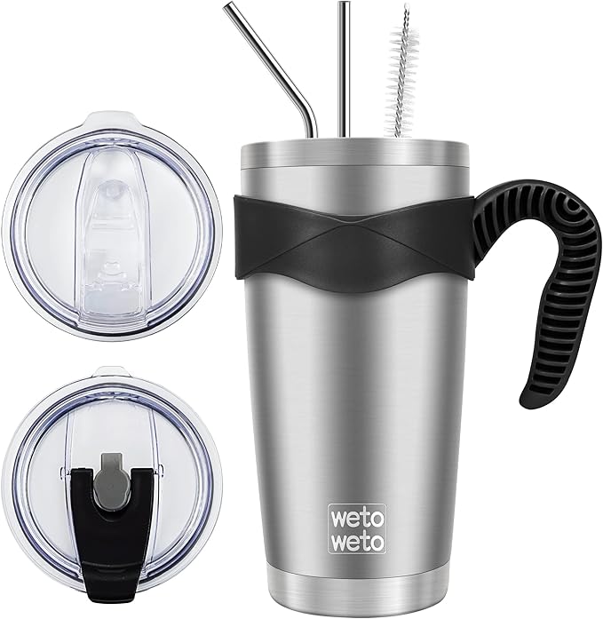 WETOWETO 20oz Tumbler with 2 lids and 2 straws, Stainless Steel Vacuum Insulated Water Coffee Tumbler with Handle, Double Wall Powder Coated Travel Mug Thermal Cup (Stainless, 1 Pack)