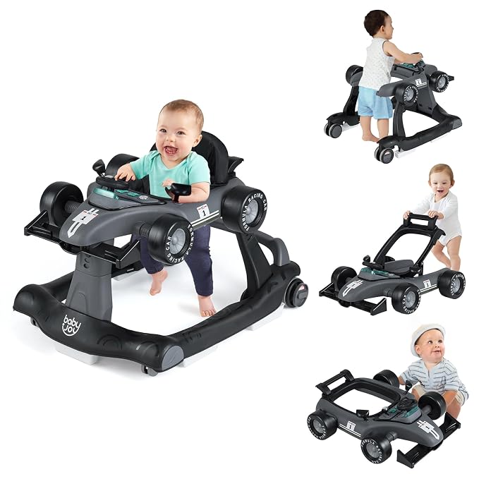 BABY JOY 4-in-1 Baby Walker, Foldable Activity Walker with Adjustable Height & Speed, Music, Lights, Anti-Rollover, Toddler Push Walker, Baby Walker with Wheels for Boys Girls 6-18 Months (Gray)