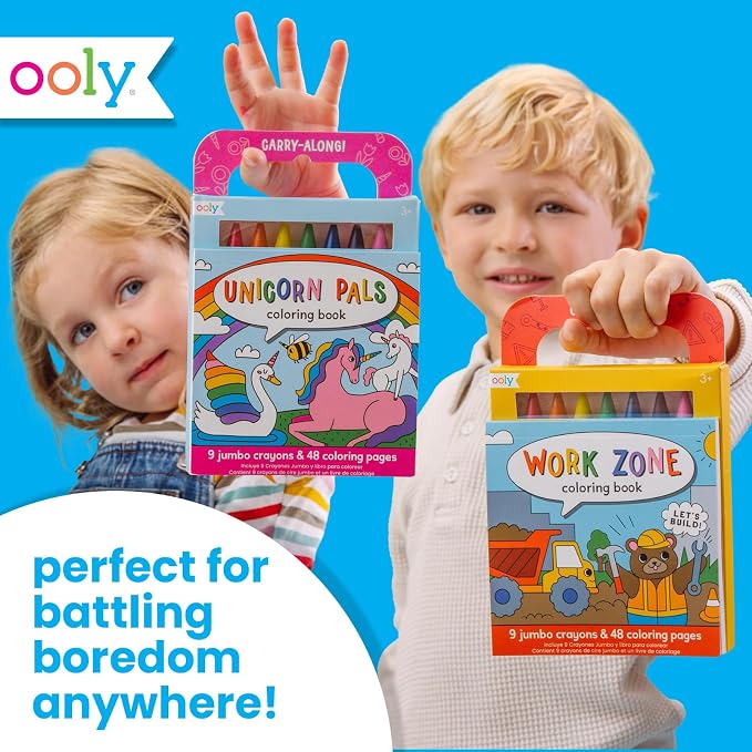 Ooly Kids Travel Activity Kit – 9 Jumbo Crayons & 48 Coloring Pages, Car Crafts for Kids, Mess-Free Road Trip Art Set, Airplane Activities – Work Zone