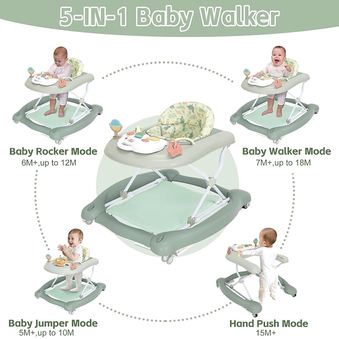 5 in 1 Foldable Baby Walker,Activity Baby Walker-Baby Bouncer,Rocker,Activity Center,Seat and Push Walker,Detachable Footrest Mat,Adjustable Speed Rear Wheels and Height,Ages 6-18 Months (Light Green)