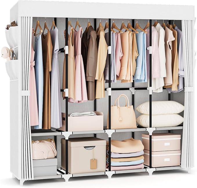 VTRIN Portable Closet for Hanging Clothes 67 Inch Wide Large Capacity Portable Wardrobe Closet with Cover, 4 Storage Shelves and 4 Hanging Rod Sturdy Free Standing Closet for Bedroom, White