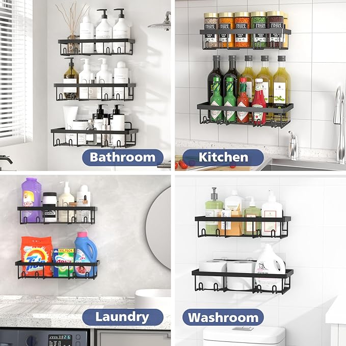 5 Pack Shower Caddy Organizer Rack Shelf for Inside Shower, Adhesive Bathroom Wall Storage Basket Rustproof Stainless Steel Shampoo Holder, Bathroom Accessory Decor Set, Black.