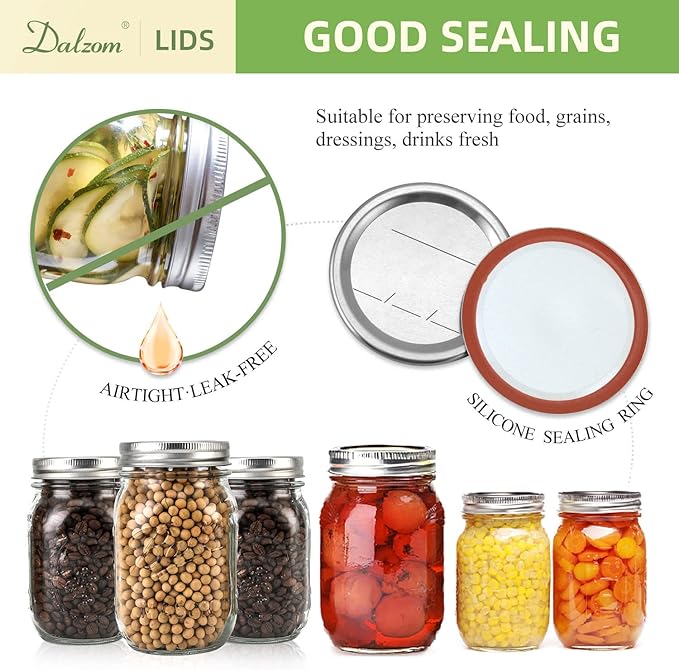 Dalzom® 24Pcs Canning Lids with 24Pcs Rings Regular Mouth, Premium Mason Jar Lids with Bands/Rings for Ball, Kerr Jars - Food Grade Material, 100% Fit & Airtight for Regular Mouth Mason Jars