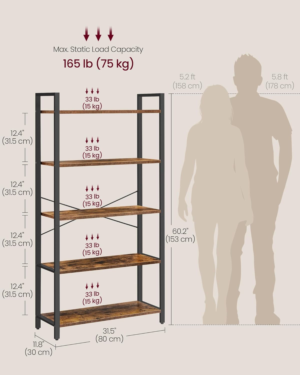 VASAGLE 5-Tier Bookshelf, Bookcase with Steel Frame, Book Shelf for Living Room, Home Office, Study, 11.8 x 31.5 x 60.2 Inches, Industrial Style, Rustic Brown and Ink Black ULLS081B01