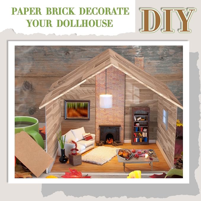 Flutesan 24 Pcs Miniature Dollhouse Wallpaper and Flooring Peel and Stick Mini DIY Self Adhesive Dollhouse Accessories 8.27 x 11.69 Inch (Natural Style)