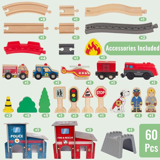 Wooden Train Set for Toddler - 60 Pcs- with Wooden Tracks fits Thomas, fits Brio, fits Chuggington, fits Melissa and Doug - Expandable, Changeable-Train Toy for 3 4 5 Years Old Girls & Boys