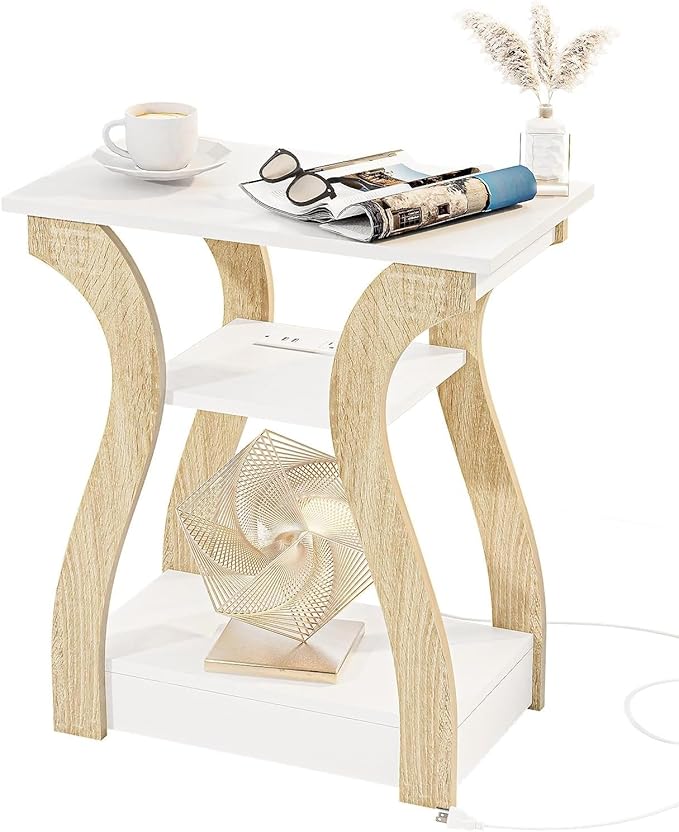 End Table with Charging Station, Side Table with USB Ports and Outlets, Nightstand, 3 Tier End Table with Storage Shelf for Living Room, Bedroom (White)