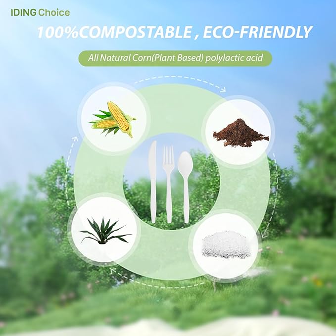 380 Count Heavy Duty Compostable Cutlery Set 140 plastic forks 120 spoons 120 knives eco-friendly no plastic silverware compostable utensils for Weddings, Parties, Office, Camping, Picnic