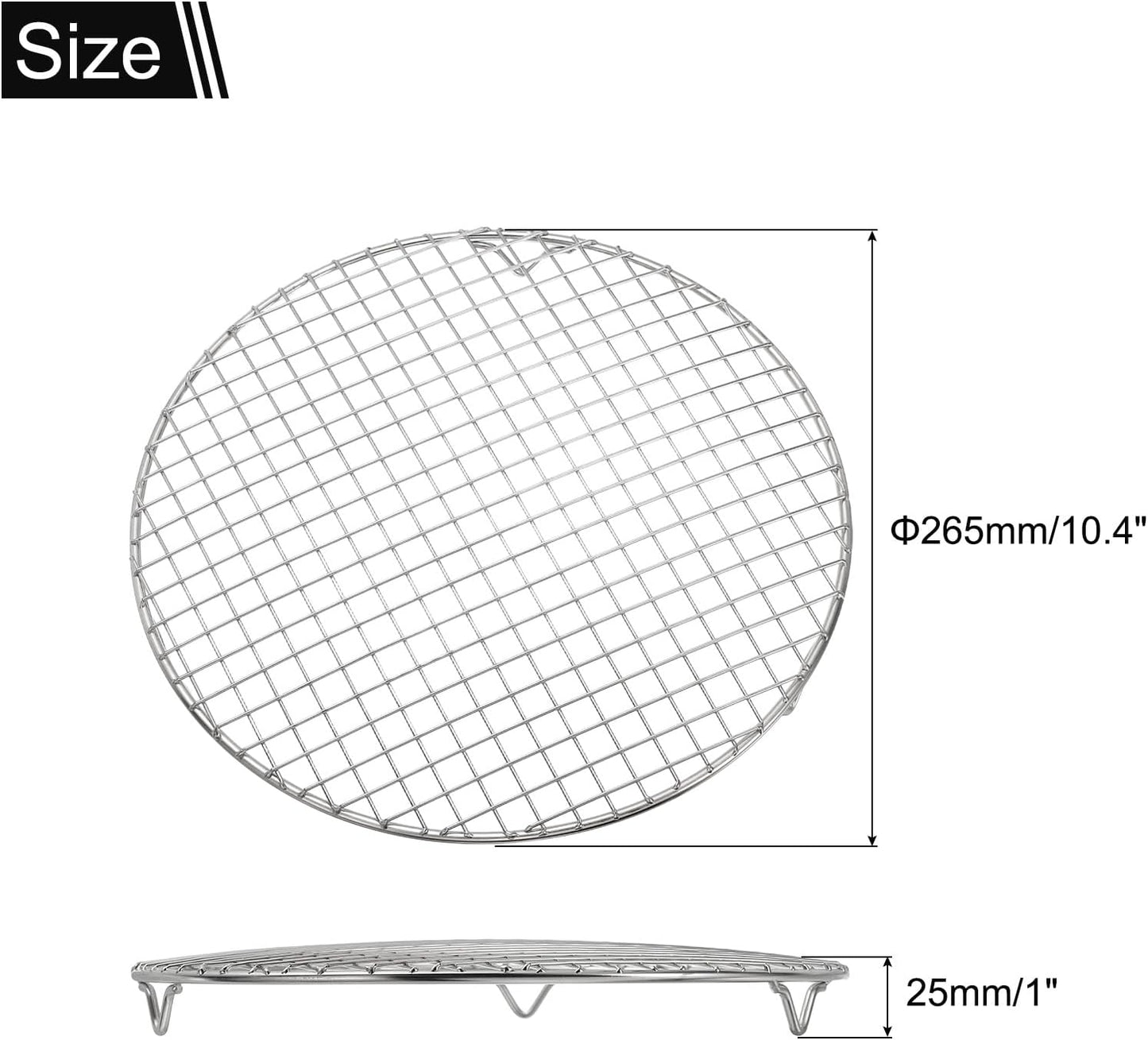 uxcell Round Cooking Rack with Legs, Dia 10.4 Inch 304 Stainless Steel Barbecue Grill for Cooking Baking Barbecue Air Fryer Racks, Silver