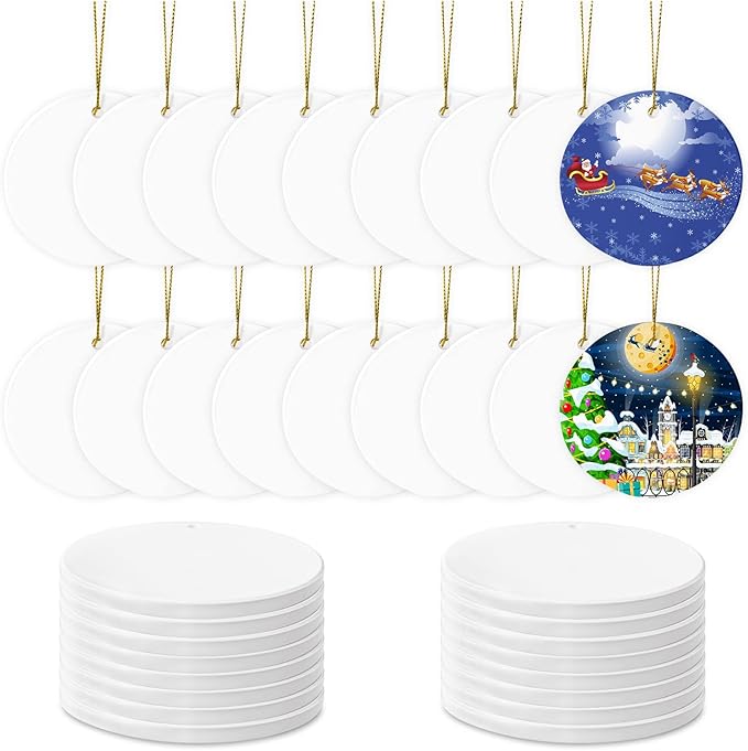Sublimation Ceramic Ornaments - Bulk Ceramic Discs for Heat Press Printing - White Round Porcelain Personalized Xmas Tree Keepsake Crafts Gift - 48pc