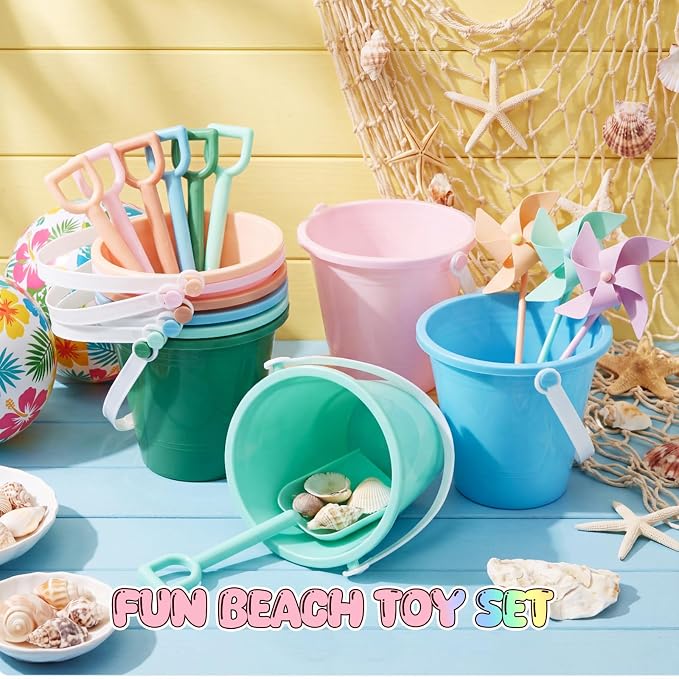 Lunmon 72 Pcs Beach Toys for Kids 24 Set Sand Buckets Shovels Bulk Pastel Beach Balls Inflatable Sand Toys for Girls Boys Toddlers Games Birthday Summer Pool Party Favor (Morandi, Vivid)