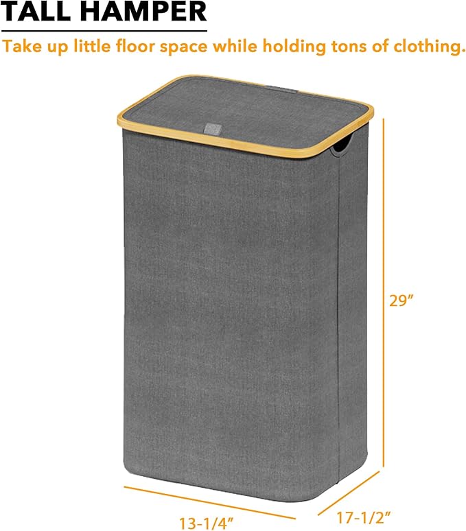 SpaceAid Laundry Hamper with Lid, 110L Large Tall Clothes Basket Bin with Bamboo Handles, Collapsible Laundry Hamper for Bedroom, Bathroom, Dorm, Laundry Room - Grey