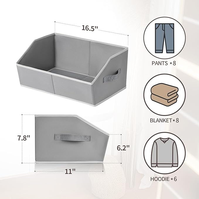 Closet Baskets for Shelves Trapezoid - Decorative Storage Baskets with Handle, Closet Bins for Organization, Shelf Storage Bins for Clothes, Books, Home, Office, 10 Pack, Grey