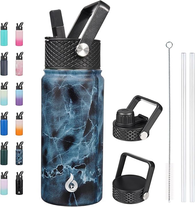 BJPKPK Insulated Water Bottles with Straw Lid, 18oz Stainless Steel Metal Water Bottle, Cold Hot Thermo with 3 Lids, Leak Proof BPA Free Travel Cup, Wide Mouth Flasks, Thermo-Ocean
