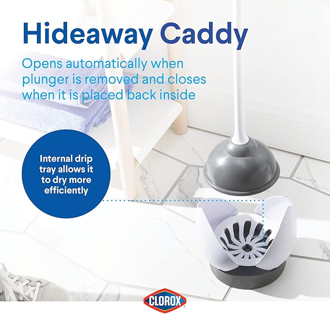Clorox Toilet Plunger with Hideaway Holder Caddy Heavy-Duty Compact Design with Non-Skid Rubber Base for Bathroom Convenient Storage Toilet Unclogger, 6.5x19.5-Inch, White
