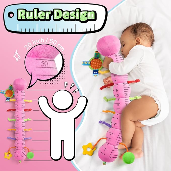 LIGHTDESIRE Baby Toys Musical Caterpillar,Infant Toys 3 6 12 Months Sensory Toy with Ruler Design,Mirror,Pull String,Crinkle&Ring Bell,Baby Teething Toy for Tummy Time Boy Girl Gifts (Rose Pink)